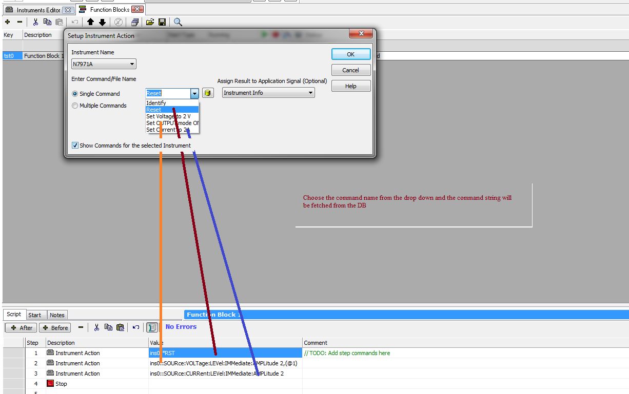 Choosing commands from Instrument Database