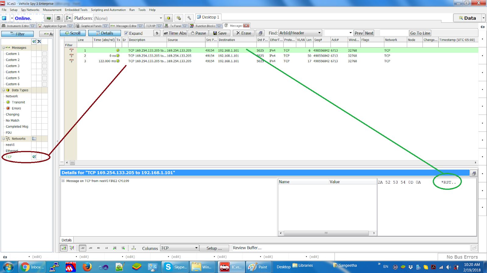 Messages View displaying the commands sent to the Instrument