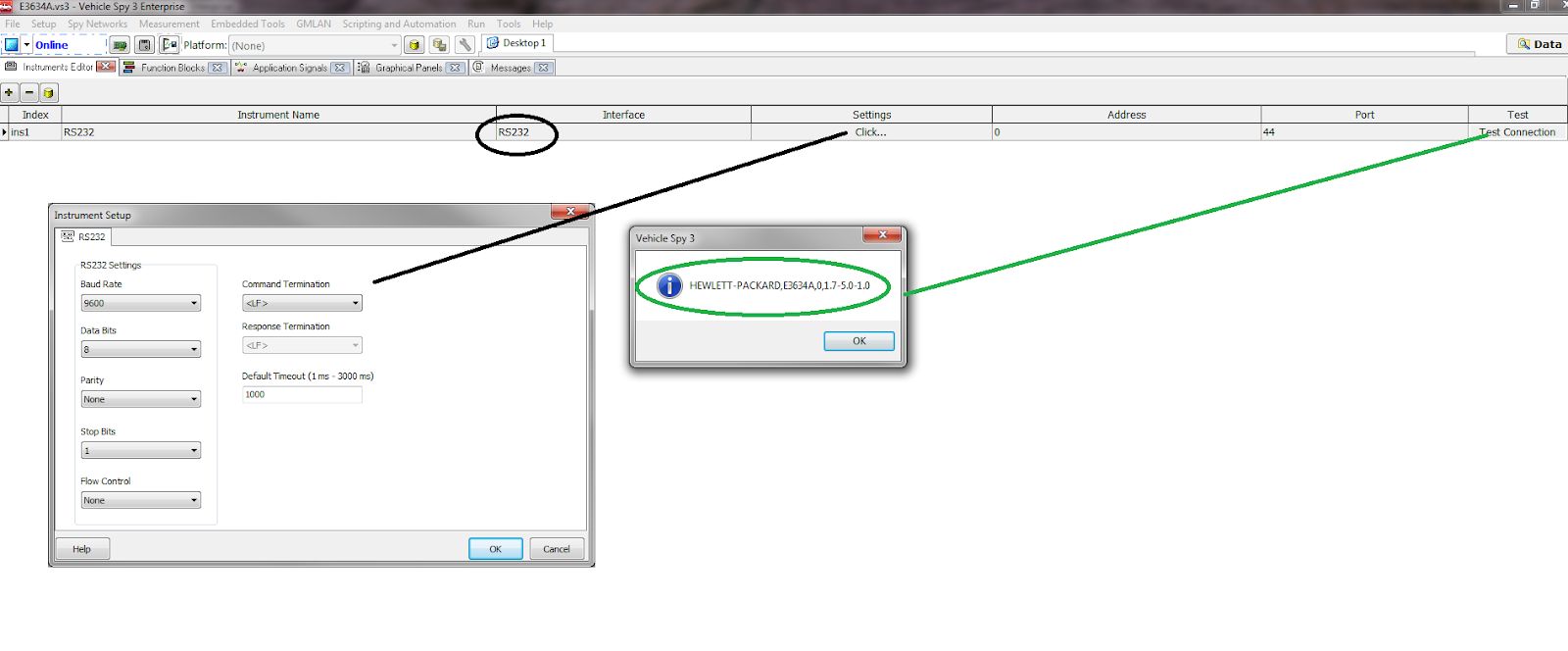 RS232 Instrument setup - Connection success