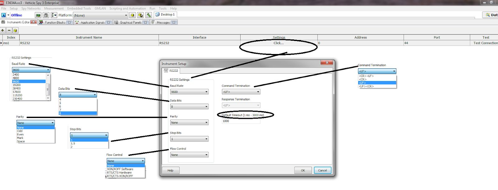 RS232 Instrument settings