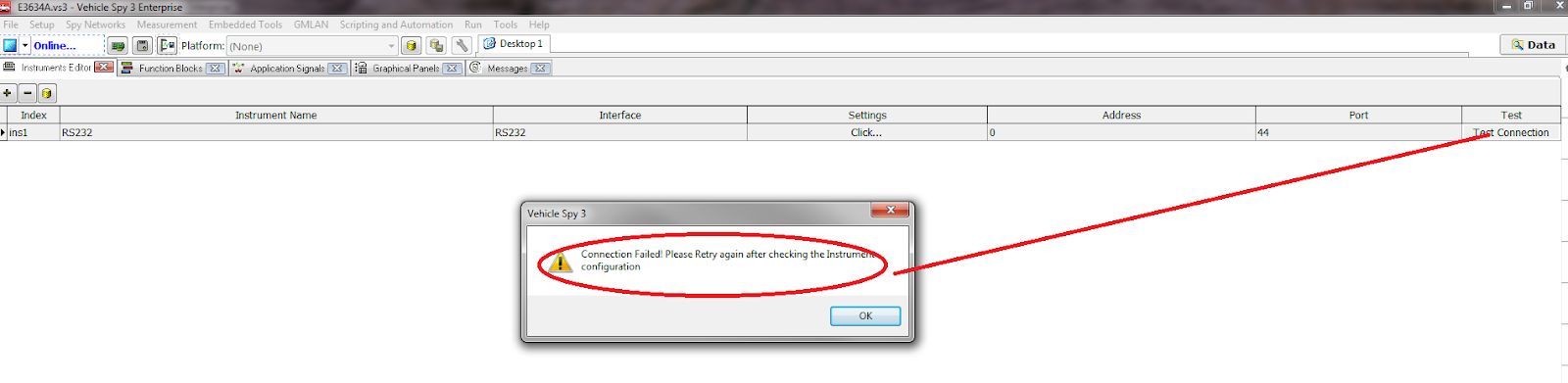 Figure 5: RS232 Instrument setup - Connection Failure